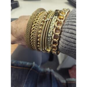 Womens Set of 9 Gold Tone Bangle Bracelets Textured Rhinestone 9-10" XL Graziano